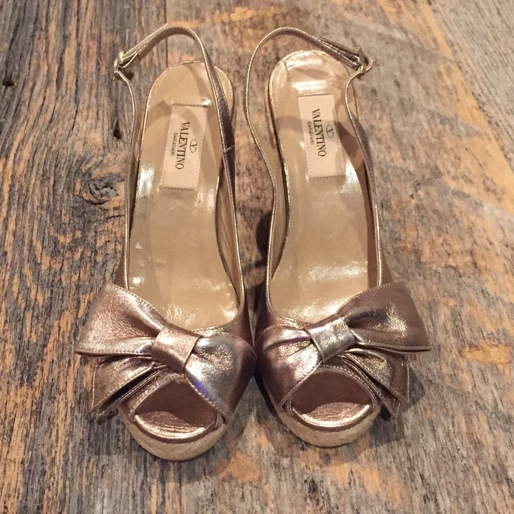 Valentino Gold Metallic Bow Espadrille Wedge Slingbacks